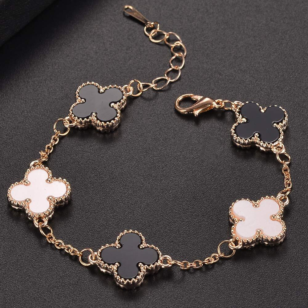 Shining Diva Fashion Latest Stylish Crystal Clover Rose Gold Bracelet for Women and Girls | Aesthetic Jewellery Gift for Girlfriend & Wife (10000b) (White) (Black)
