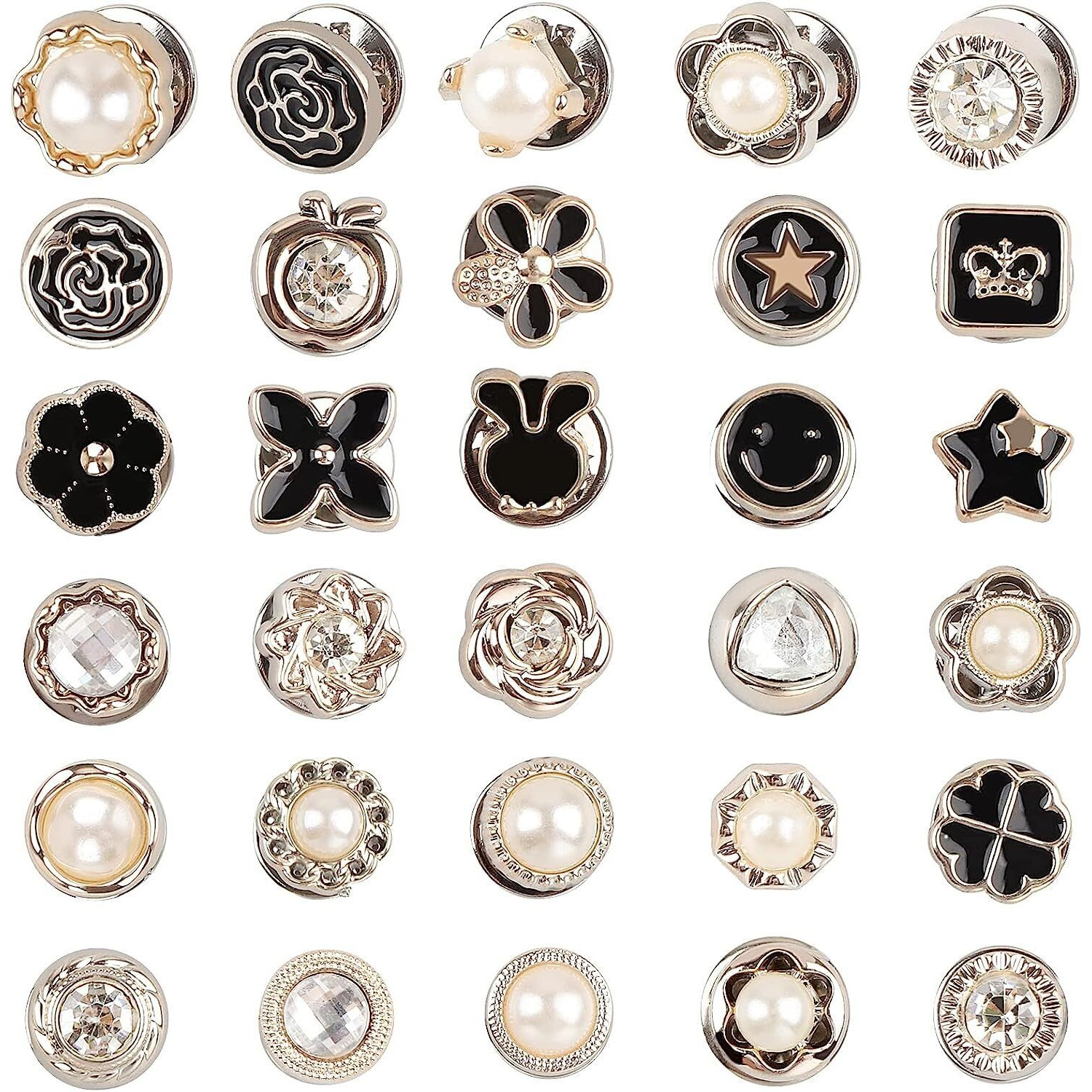 HEAVY DRIVER 30pcs Brooch Pins for Women Cover Up Button Pins Instant Button Jeans Button Pins Women Shirt Safety Brooch Enamel Pins Pearl Rhinestone Brooch Buttons for Shirt Coat Dress Sweater (B)