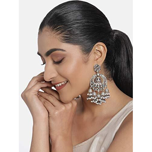 Zaveri Pearls Antique Silver Tone Kundan & Austrian Diamonds Jhumki Drops Earring For Women-ZPFK10164