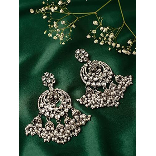 Zaveri Pearls Antique Silver Tone Kundan & Austrian Diamonds Jhumki Drops Earring For Women-ZPFK10164