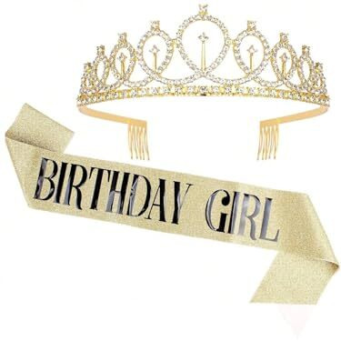 YouBella Jewellery Stylish Birthday Sash and Crown - Pack of 2 Pcs | Birthday Girl Crown | Birthday Gifts for Best Friend/Sister (YBHAIR_41726) (Golden)