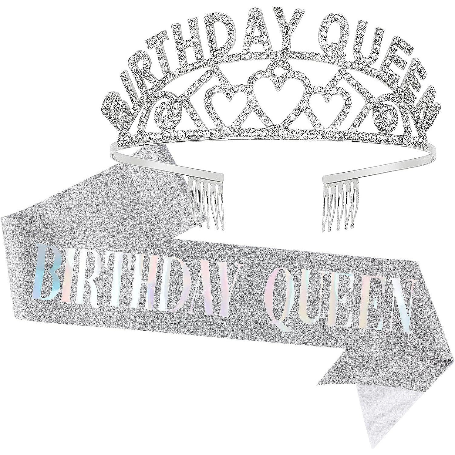 Shining Diva Fashion Latest Birthday Sash and Crown for Girls Decorations Items Birthday Gifts for Girls Women Kids Sister Best Friend 10, 15, 16, 12, 18, 20, 8 + years Teenager (Silver) (15419hb)