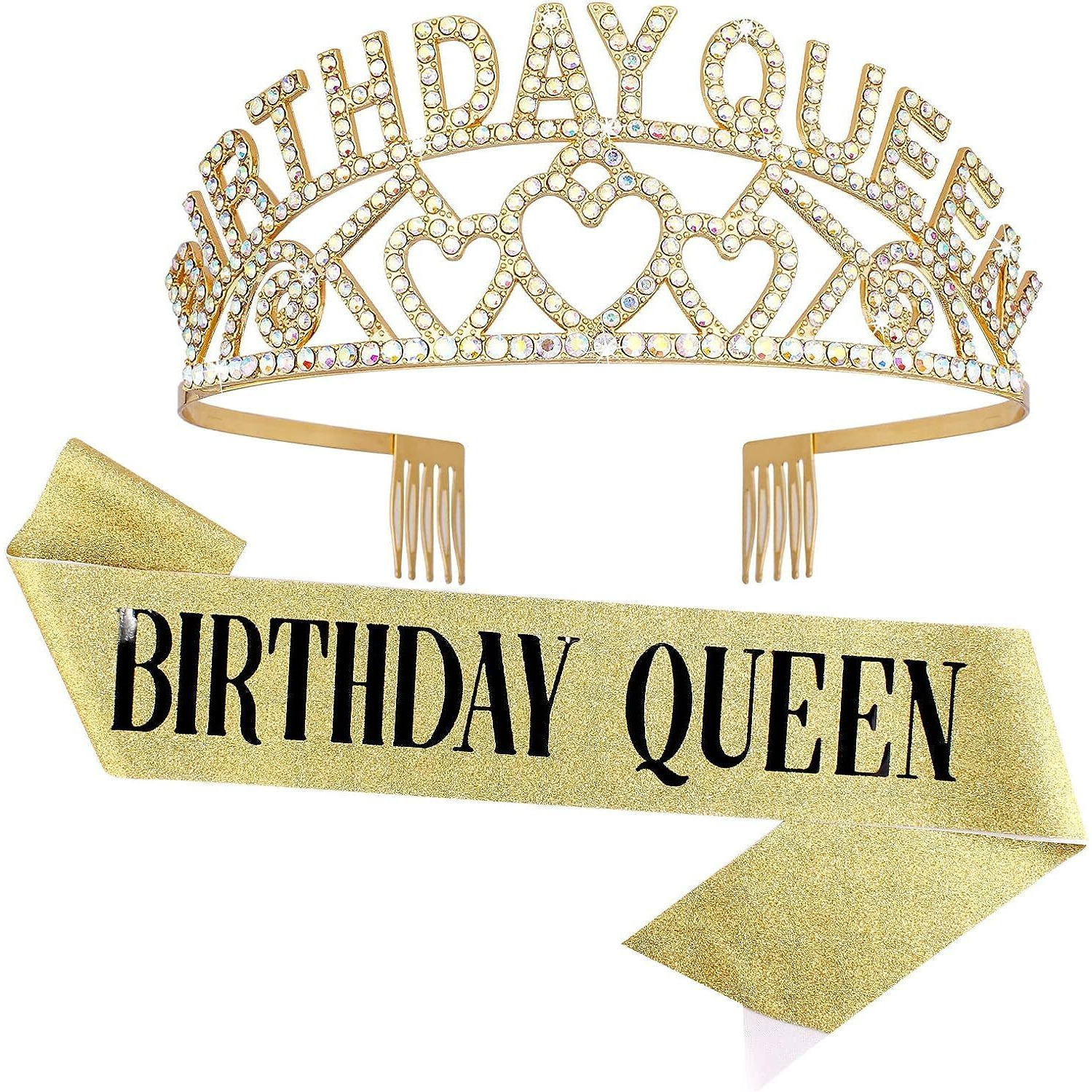 Shining Diva Fashion Latest Birthday Sash and Crown for Girls Birthday Decorations Items Gifts for Girls Women Kids Sister Best Friend 10, 15, 16, 12, 18, 20 years Teenager (Gold) (15418hb)