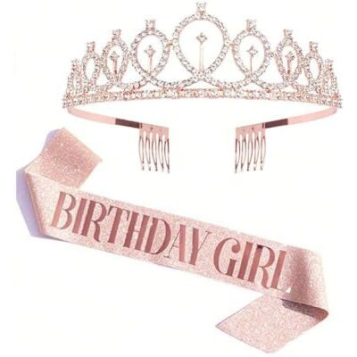 YouBella Jewellery Stylish Birthday Sash and Crown - Pack of 2 Pcs | Birthday Girl Crown | Birthday Gifts for Best Friend/Sister (Rose Gold)
