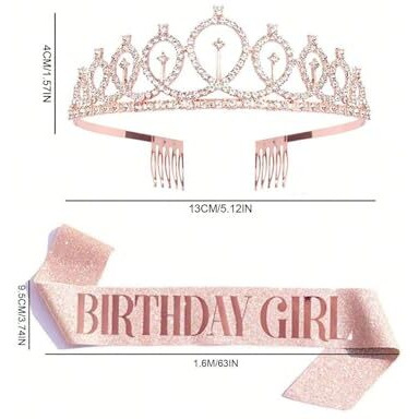 YouBella Jewellery Stylish Birthday Sash and Crown - Pack of 2 Pcs | Birthday Girl Crown | Birthday Gifts for Best Friend/Sister (Rose Gold)