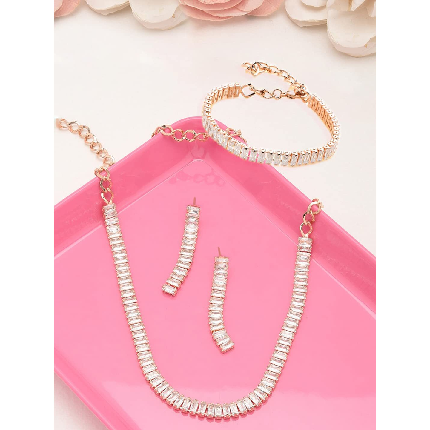 ZAVERI PEARLS Rose Gold Dazzling Baguette Cubic Zirconia Necklace Earring & Bracelet Set For Women-ZPFK12570