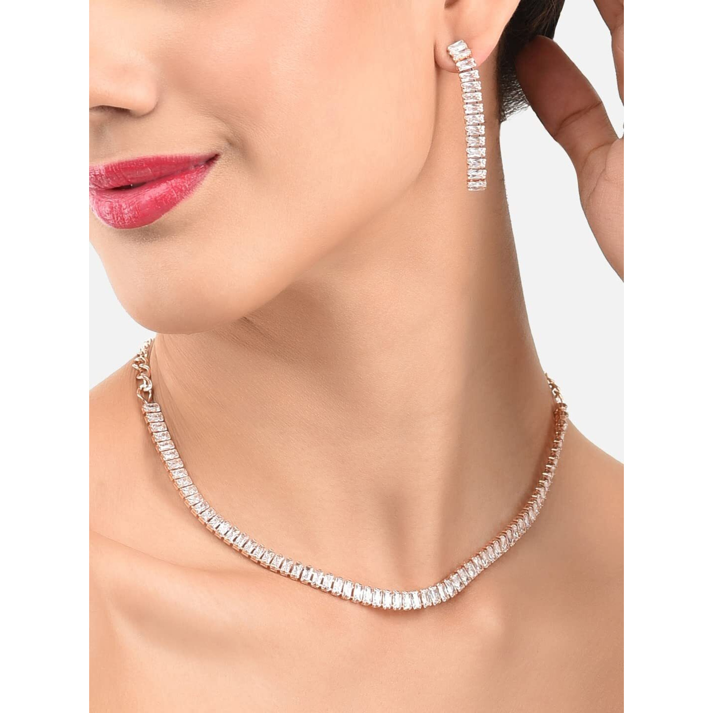 ZAVERI PEARLS Rose Gold Dazzling Baguette Cubic Zirconia Necklace Earring & Bracelet Set For Women-ZPFK12570