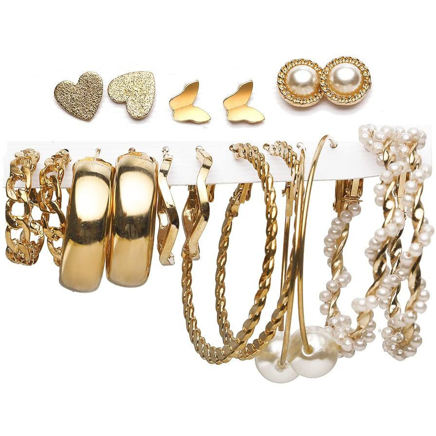 Shining Diva Fashion Latest Stylish 9 Pairs Combo Earrings for Women and Girls (Gold) (13670er)
