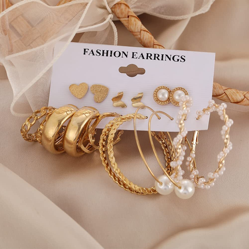 Shining Diva Fashion Latest Stylish 9 Pairs Combo Earrings for Women and Girls (Gold) (13670er)