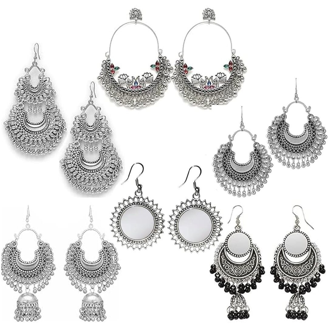 EziKart Presents Stylish And Antique Multi-Handmade Oxidized Peacock And Chandbali Earring Combo Of 6 With Silver Beads For Womens And Girls.
