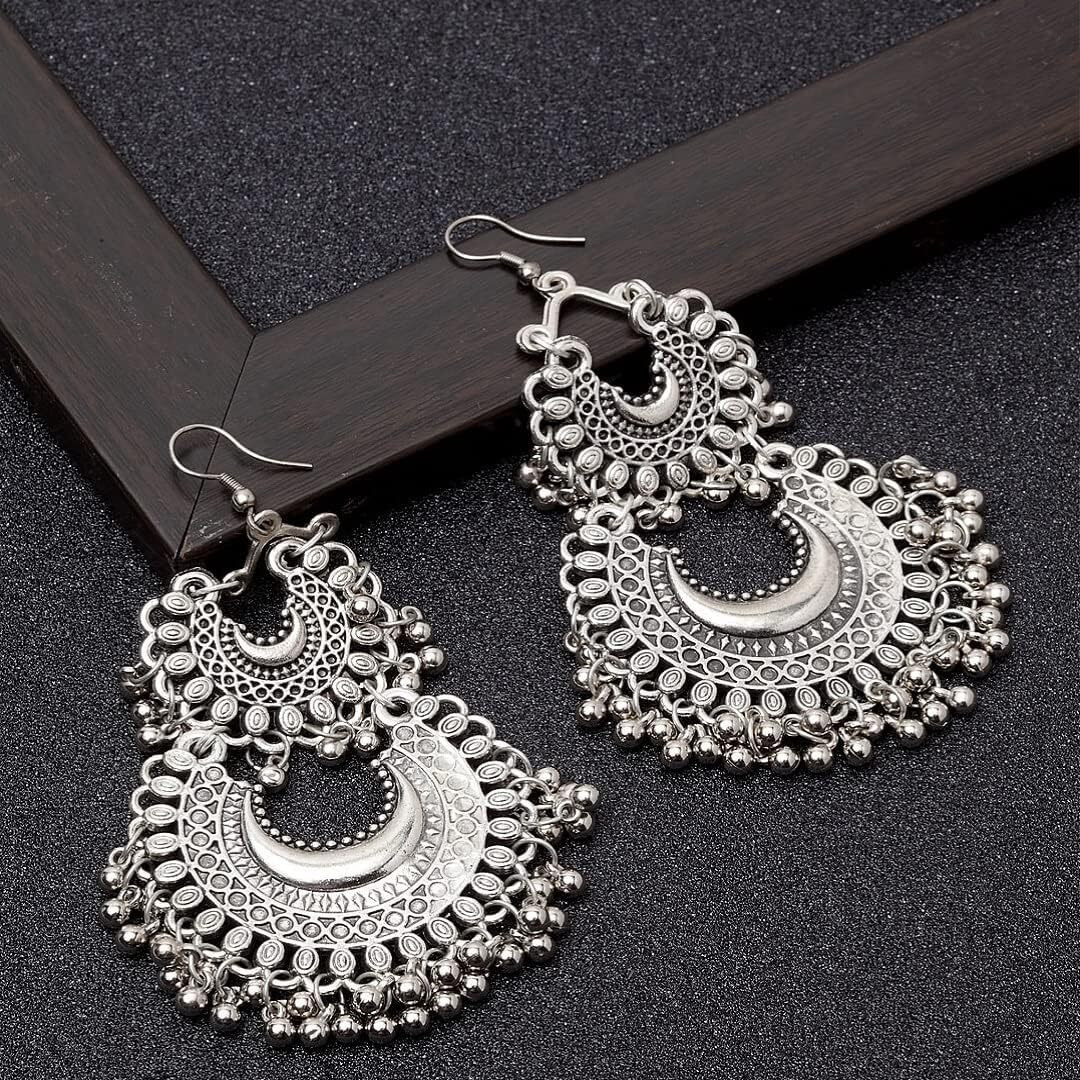 EziKart Presents Stylish And Antique Multi-Handmade Oxidized Peacock And Chandbali Earring Combo Of 6 With Silver Beads For Womens And Girls.