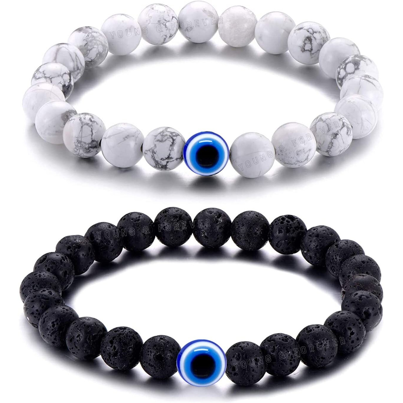 Young & Forever Gift Evil Eye Bracelet for Men Beaded Bracelets Diffuser Lava & Howlite Beads for Women Long Distance Relationships Set of 2 Couples Gift bestfriends