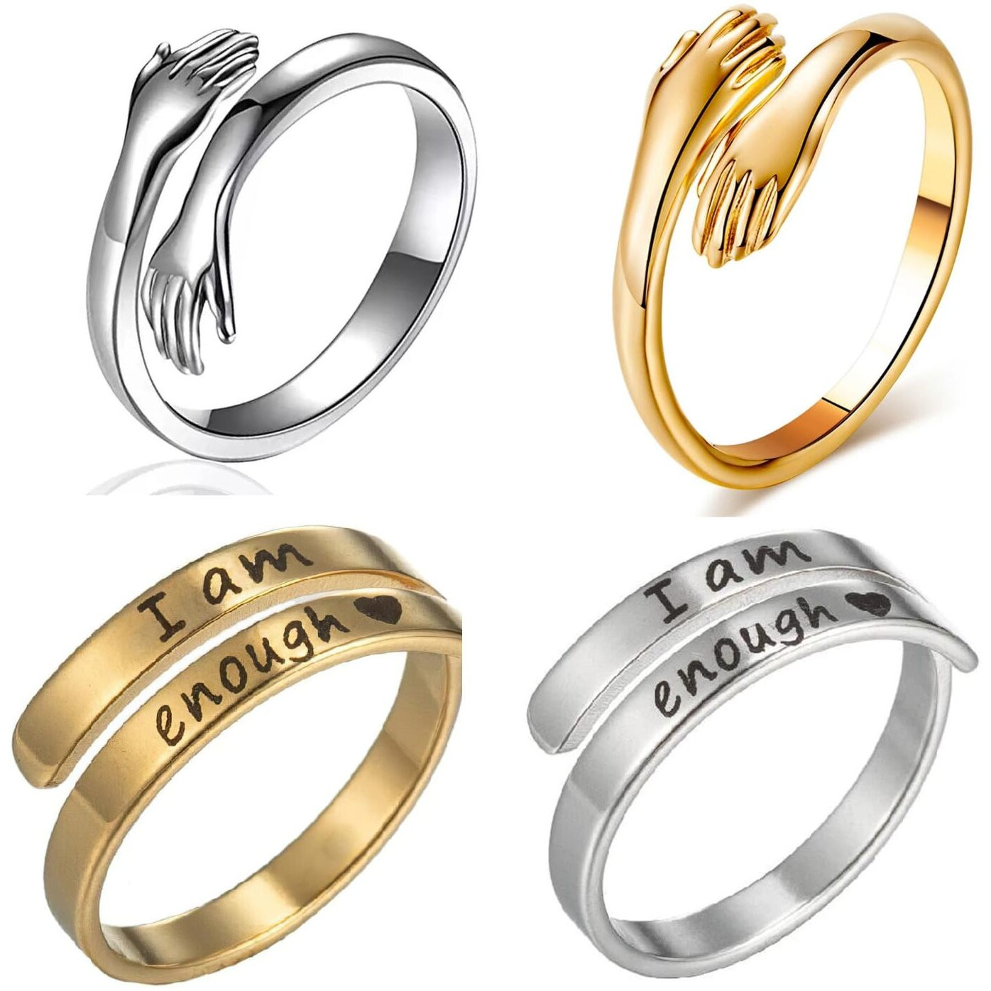 Fashion Frill Delicate Hug Silver Ring For Women I AM Enough Love Adjustable Finger Rings For Women Girls Love Gifts Womens Jewellery Rings Combo (Style 3)