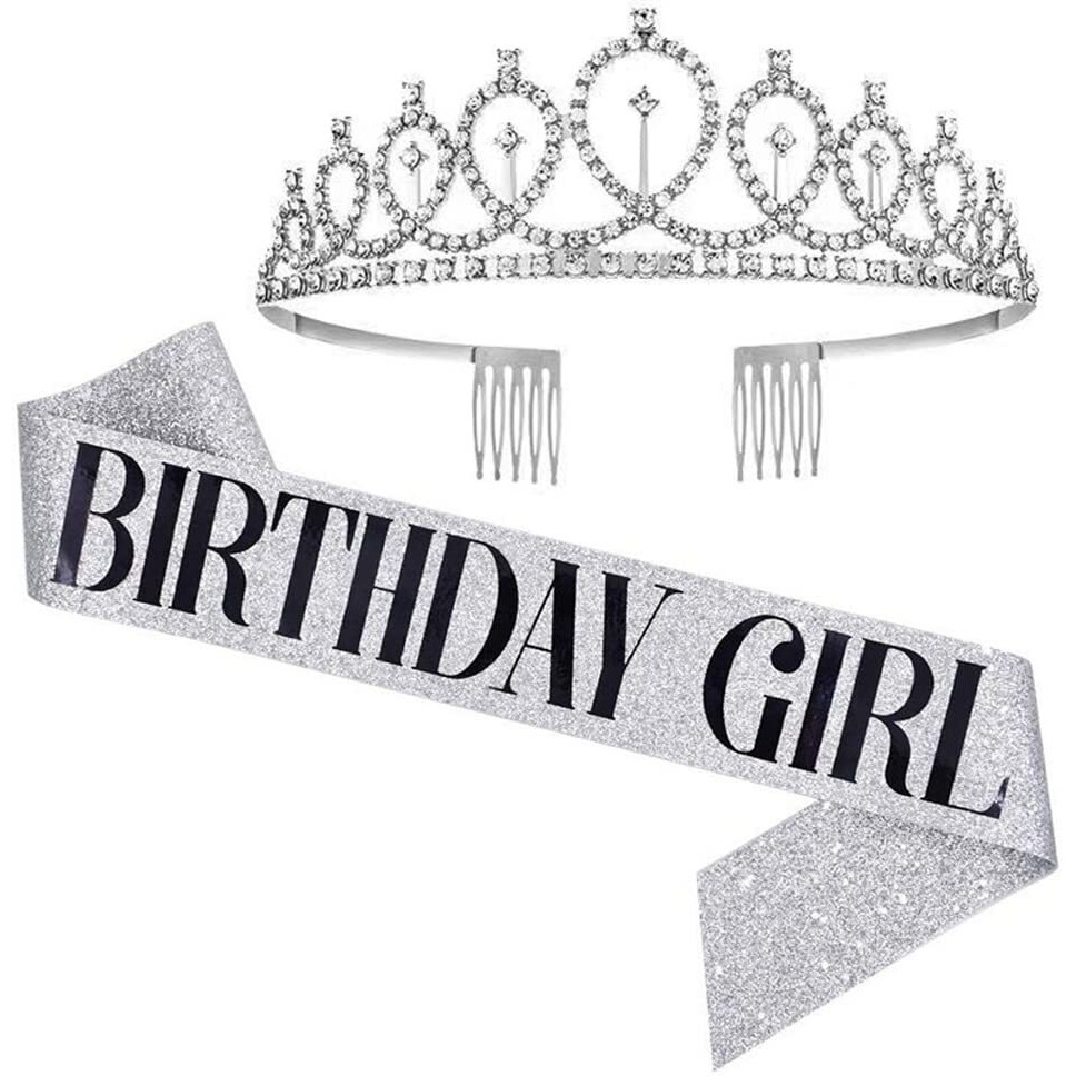Shining Diva Fashion Latest Birthday Sash and Crown for Girls Decorations Items Birthday Gifts for Girls Women Kids Sister Best Friend 10, 15, 16, 12, 18, 20, 8 + years Teenager (Silver) (14858hb)