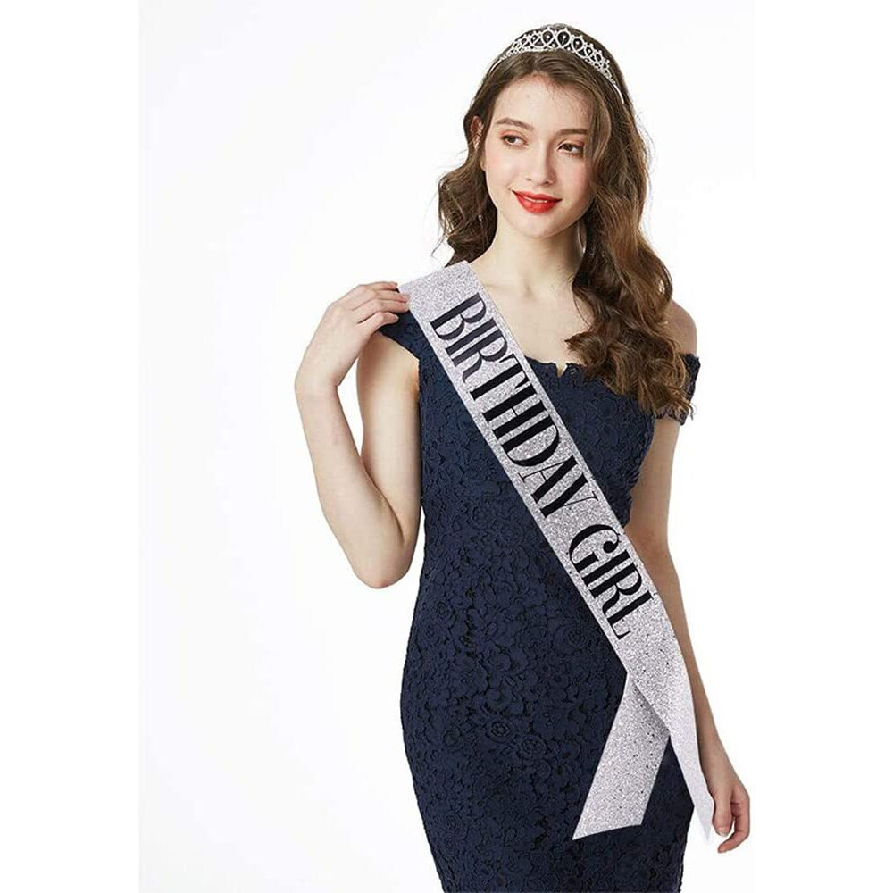 Shining Diva Fashion Latest Birthday Sash and Crown for Girls Decorations Items Birthday Gifts for Girls Women Kids Sister Best Friend 10, 15, 16, 12, 18, 20, 8 + years Teenager (Silver) (14858hb)