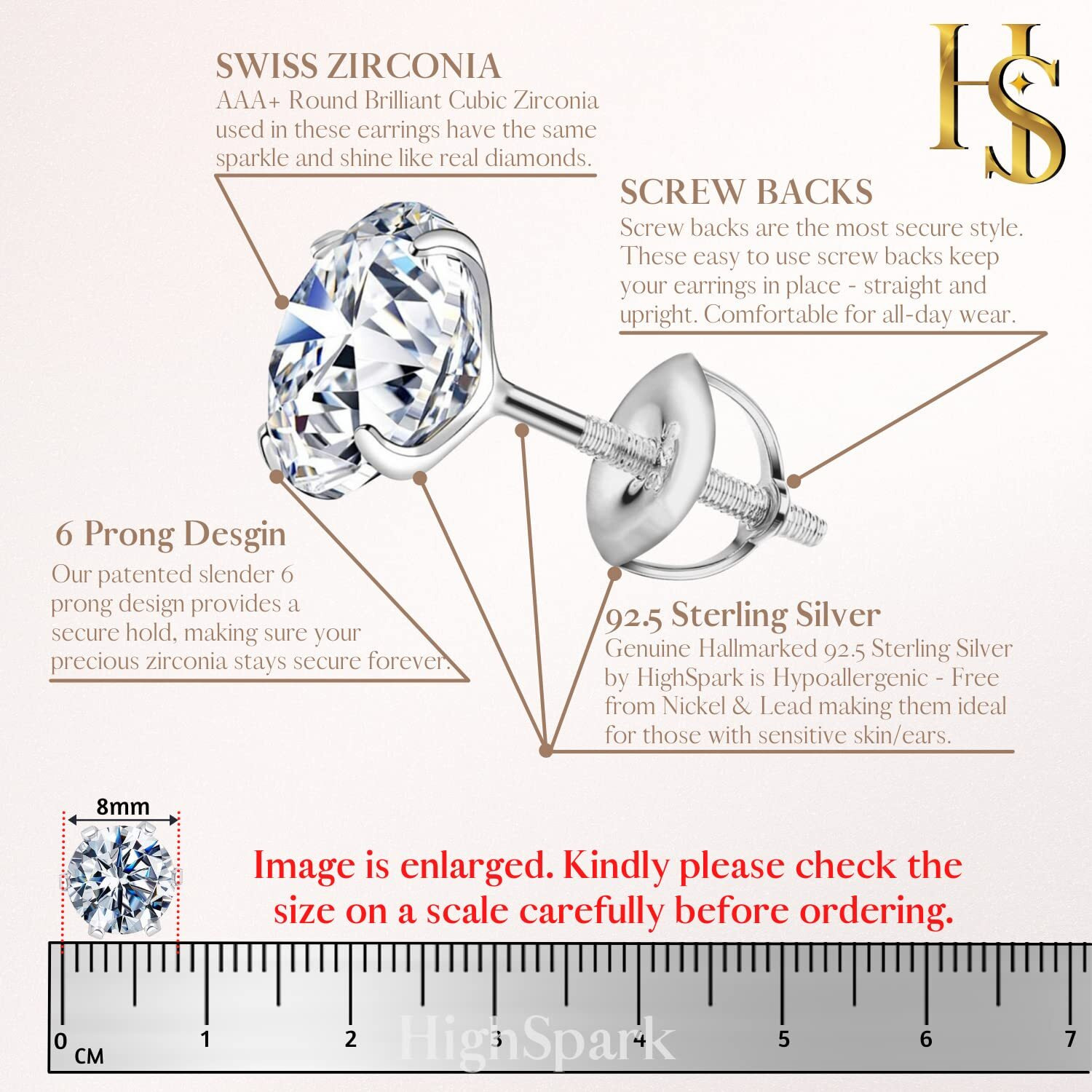 HIGHSPARK 925 Silver Solitaire Screwback Stud Earrings | 92.5 Sterling Silver & Round Brilliant Cubic Zirconia Tops for Men Women | Silver 8mm