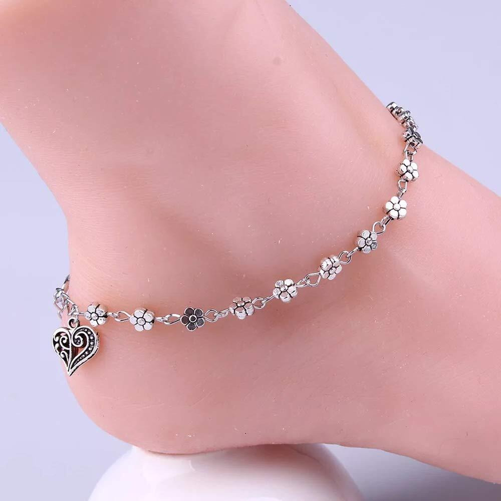 Shining Diva Fashion Oxidised Silver Floral Single Stylish Anklet for Women & Girls(Silver)(9575b)