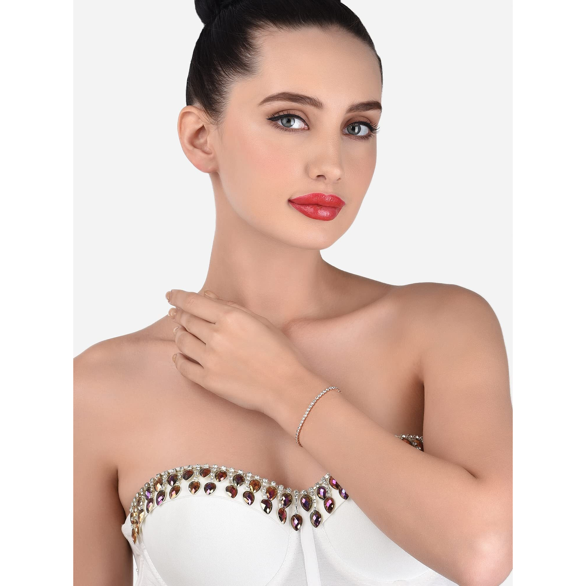 ZAVERI PEARLS Set of 2 Rose Gold Cubic Zirconia Contemporary Tennis Bracelets For Women-ZPFK13431