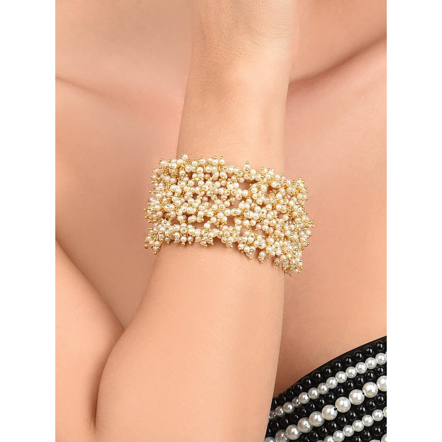 ZAVERI PEARLS Antique Gold Tone Multistrand Clustered Pearls Ethnic Bracelet For Women-ZPFK10113