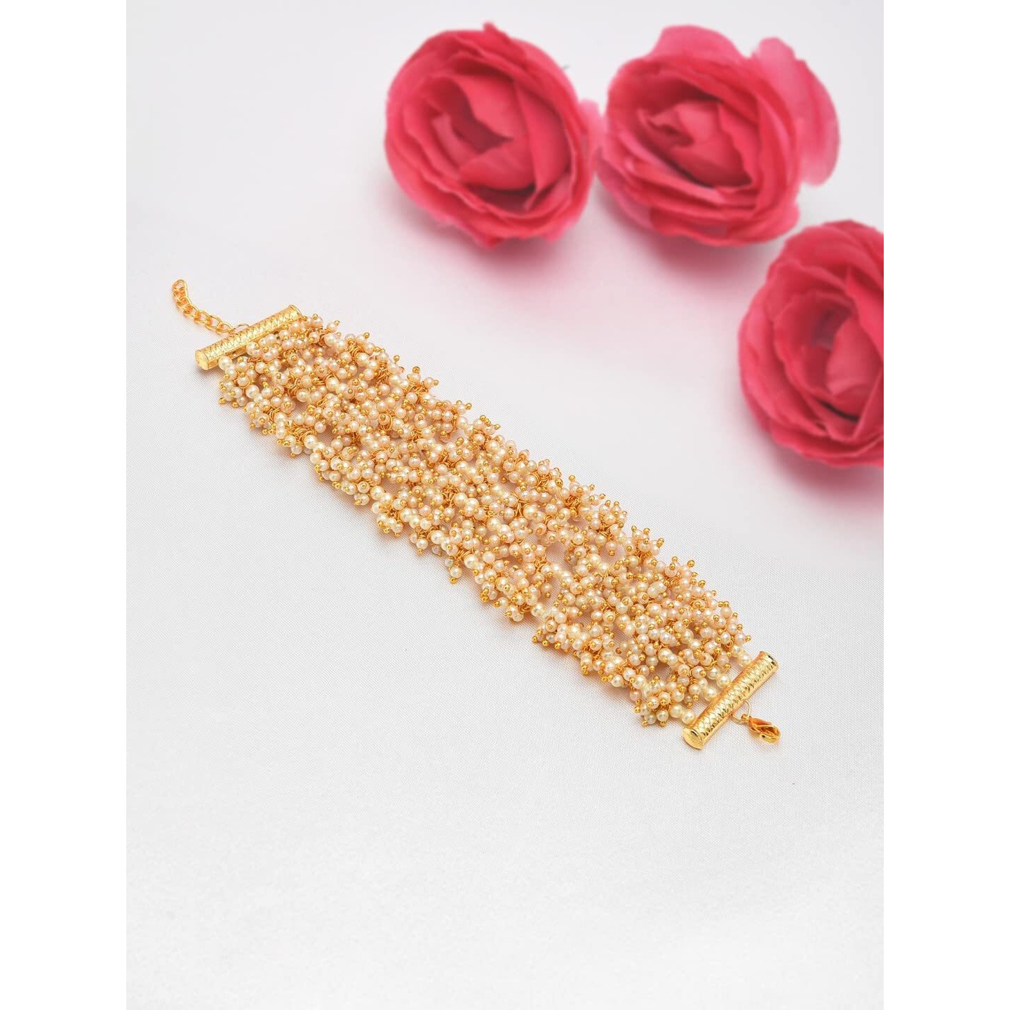 ZAVERI PEARLS Antique Gold Tone Multistrand Clustered Pearls Ethnic Bracelet For Women-ZPFK10113