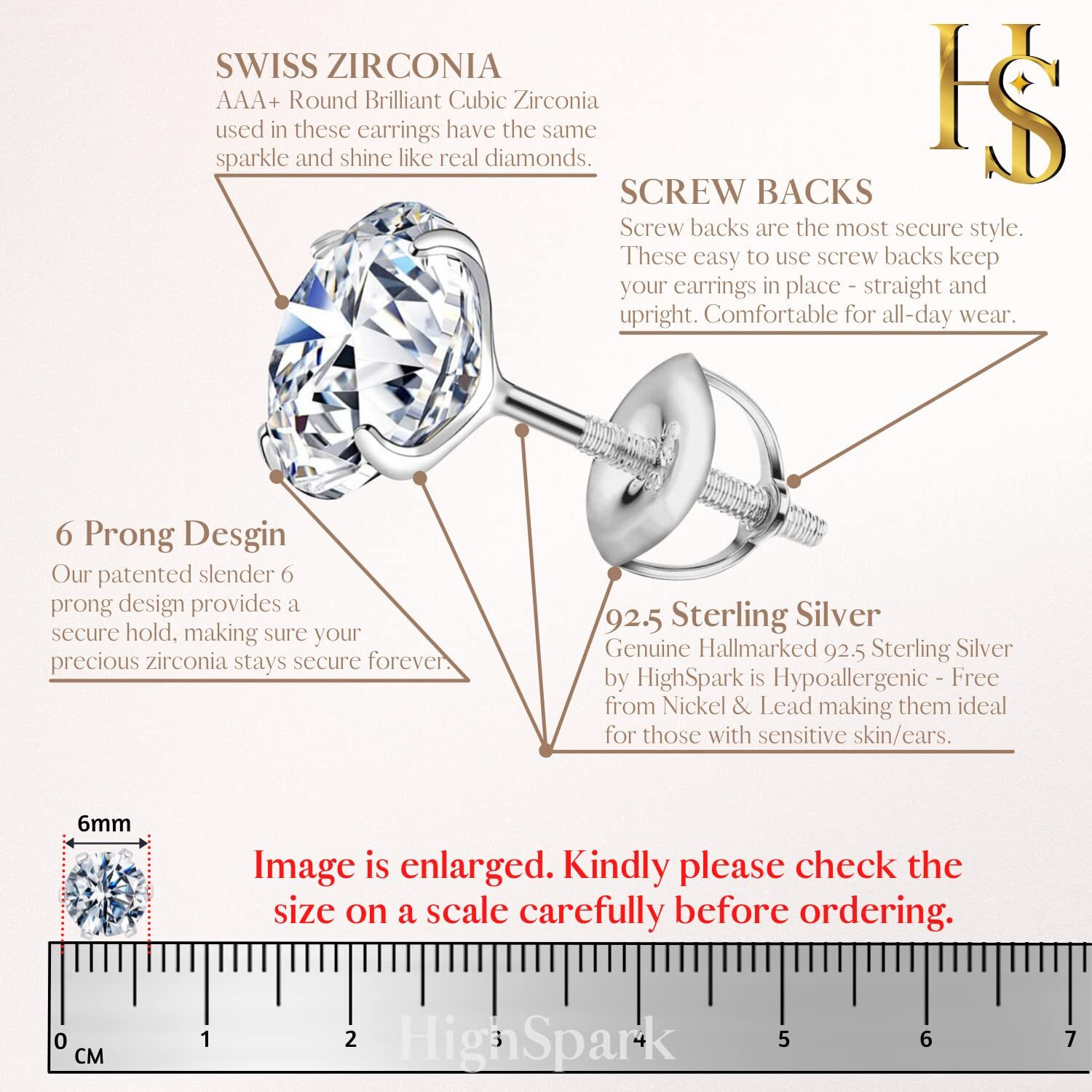 HIGHSPARK 925 Silver Solitaire Screwback Stud Earrings | 92.5 Sterling Silver & Round Brilliant Cubic Zirconia Tops for Men Women | Silver 6mm