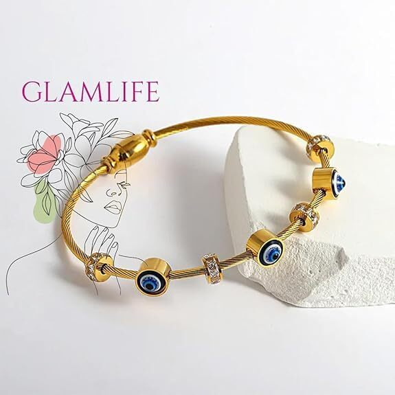 Glamlife Evil Eye Bangles for Women, Anti Tarnish Bracelet, Stylish Magnet Bracelet Kada for Women and Girls, Accessories Jewellery for Women & Girls (Gold)