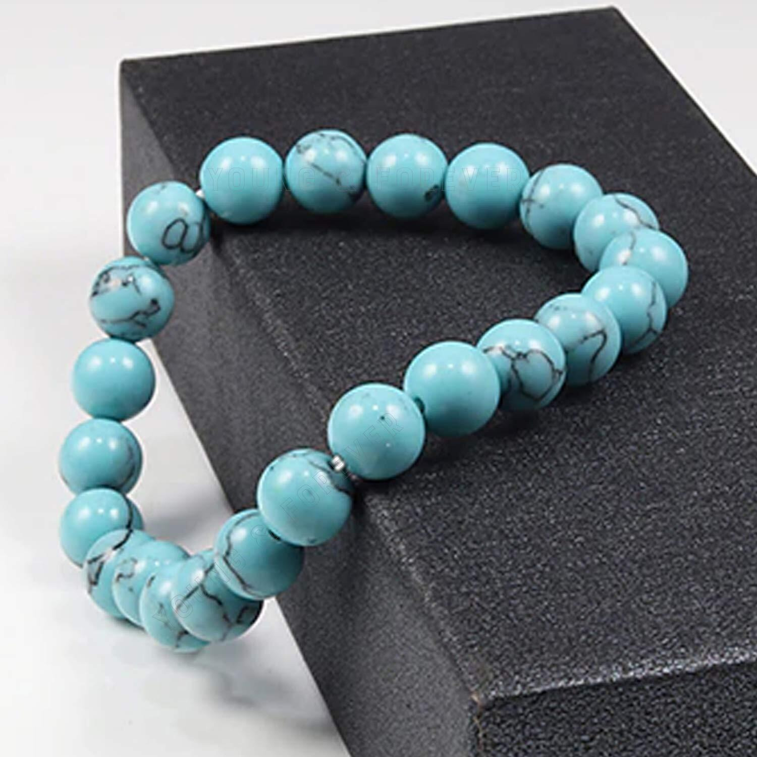 Young & Forever Gift Certified Reiki Crystal Semi Precious Gemstone Turquoise Bracelet for Truth Grounding and Protection Stone Stretch Bracelet for Men and Women