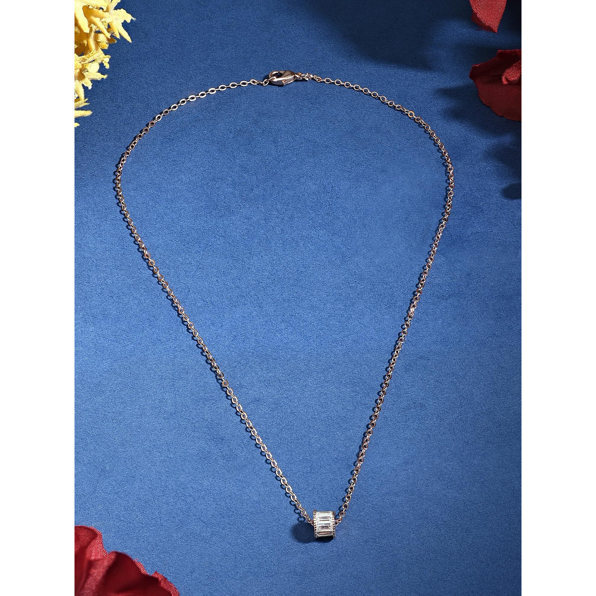 ZAVERI PEARLS Rose Gold Cubic Zirconia baguette Chain With Pendant Brass Necklace For Women -ZPFK16203