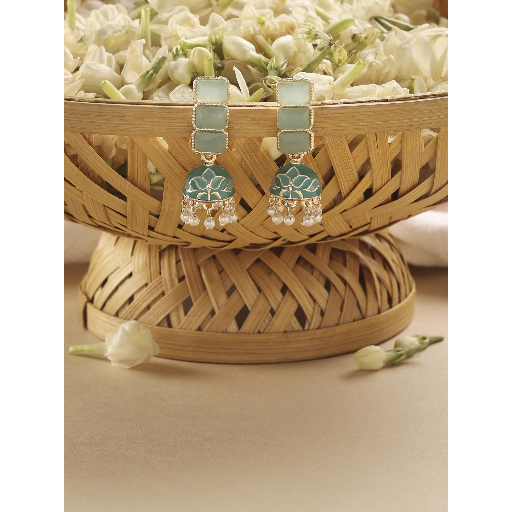 Zaveri Pearls Mint Green Enamel Ethnic Style Jhumki Earring For Women-ZPFK16526