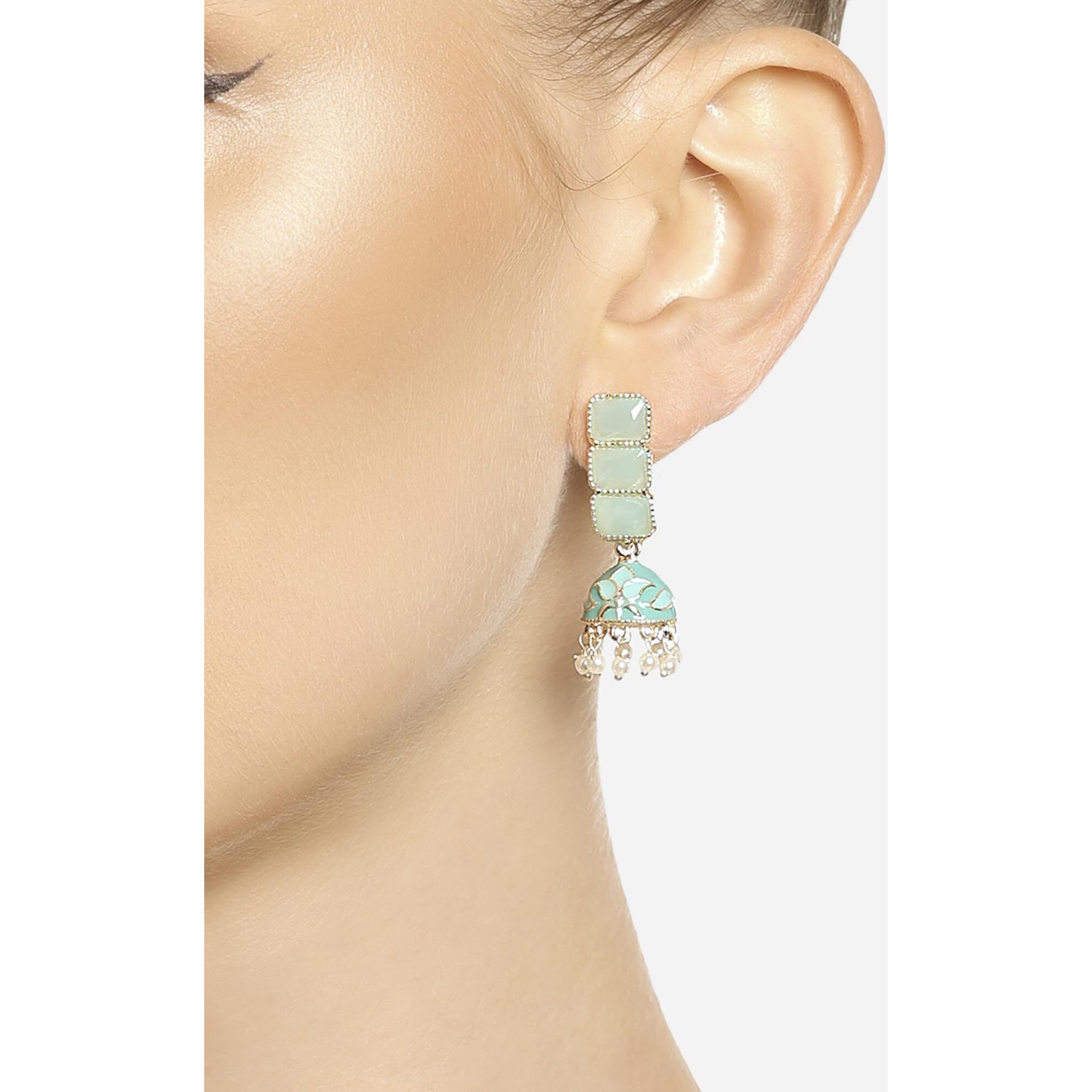 Zaveri Pearls Mint Green Enamel Ethnic Style Jhumki Earring For Women-ZPFK16526