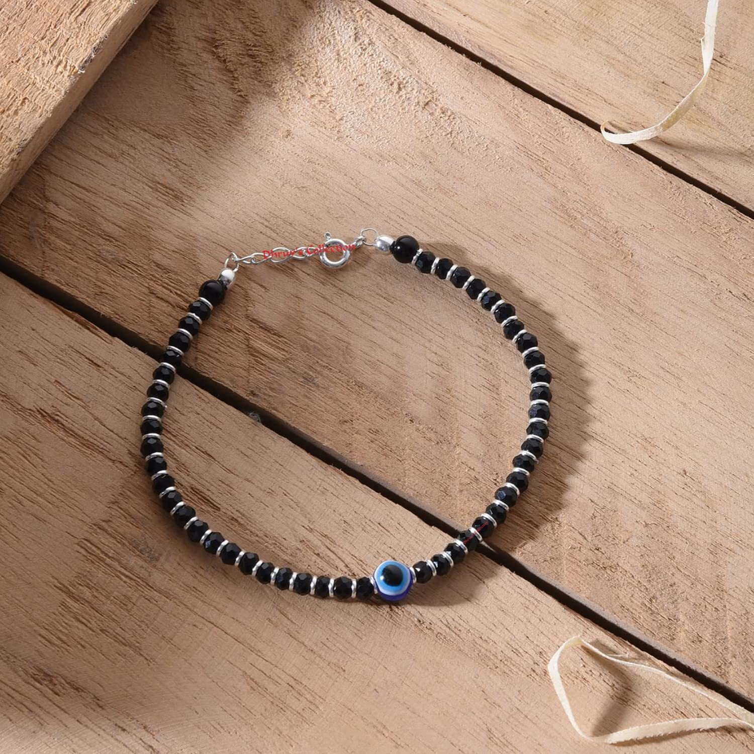 DHRUVS COLLECTION 925 Sterling Silver Evil Eye Nazariya With Black Crystals Bracelet for Girls & Women (6.25 Inches length + Adjustable)