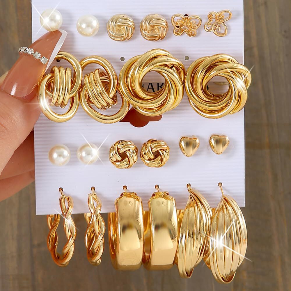 Shining Diva Fashion 11 Pairs Combo Set Latest Stylish Hoop Stud Earrings for Women and Girls (Gold) (14949er)