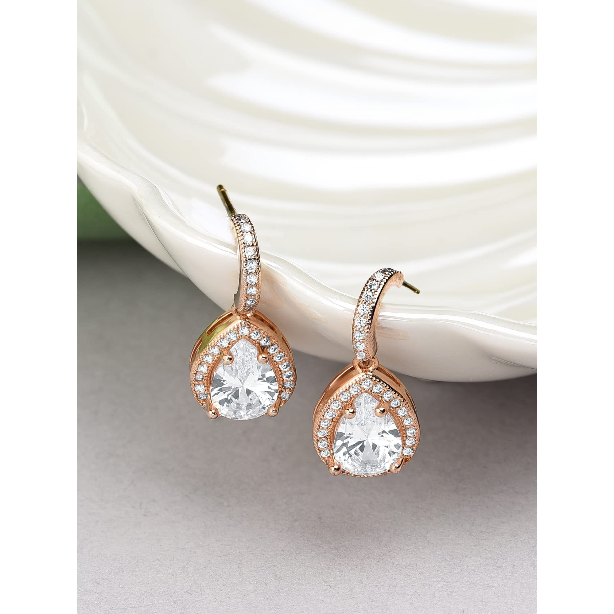 Zaveri Pearls Rose Gold Cubic Zirconia Pear Drop Hoop Earring For Women-ZPFK10673
