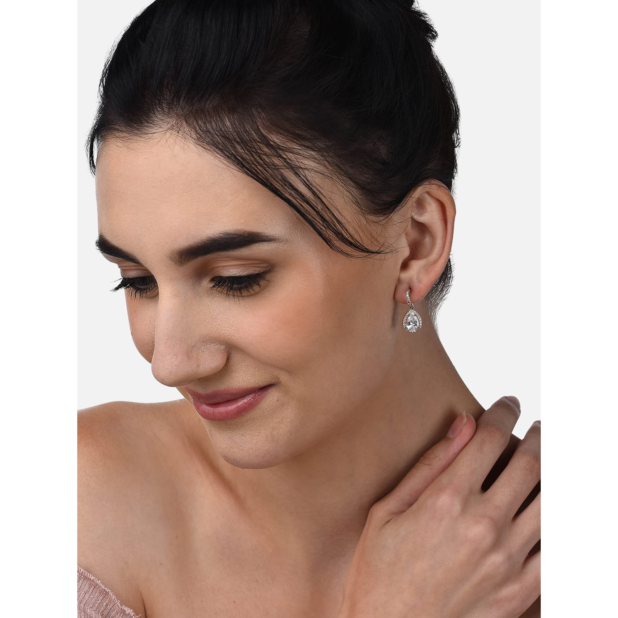 Zaveri Pearls Rose Gold Cubic Zirconia Pear Drop Hoop Earring For Women-ZPFK10673