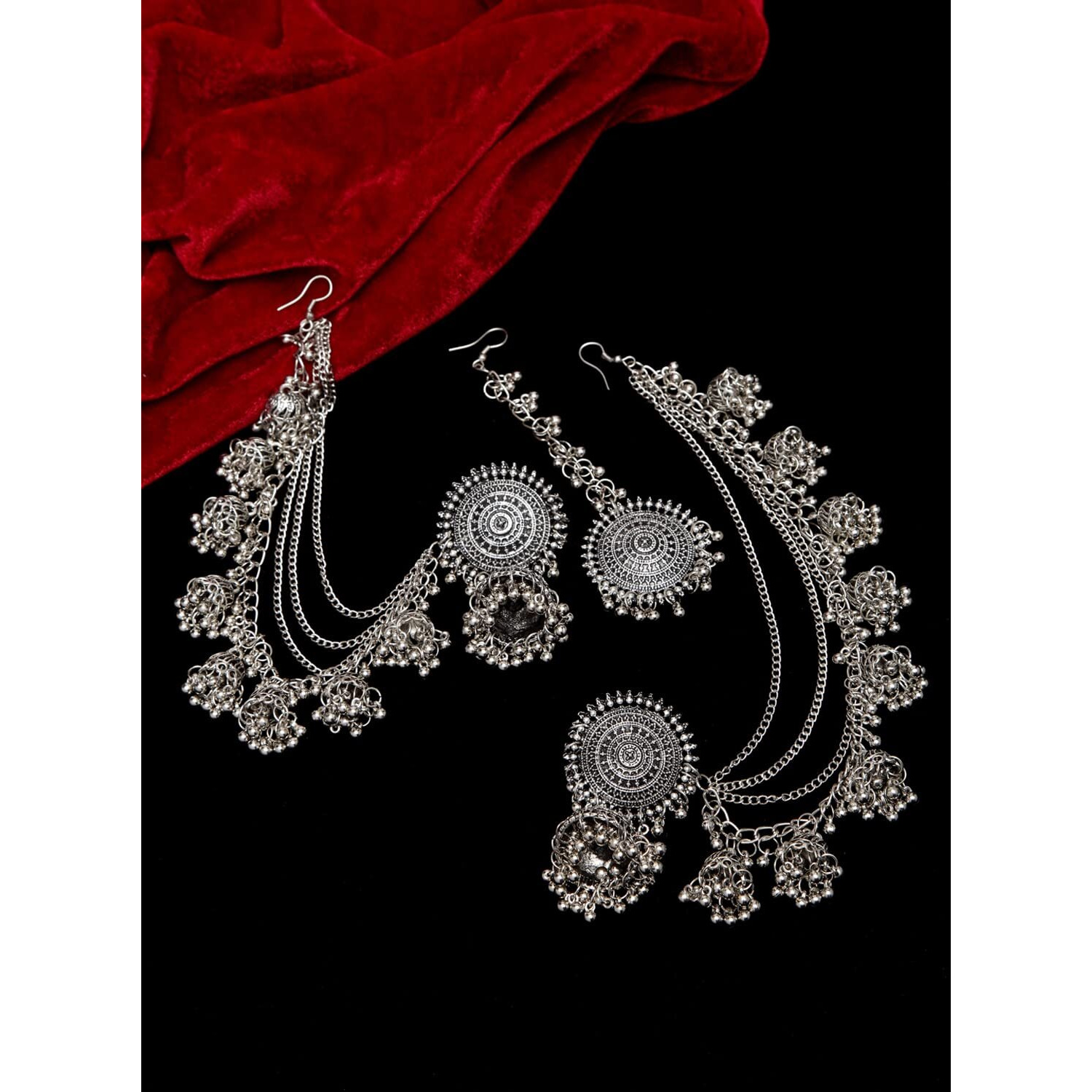 Shining Diva Fashion Latest Stylish Oxidised Maang Tikka Bahubali Jhumka Earrings for Women and Girls (12395er)