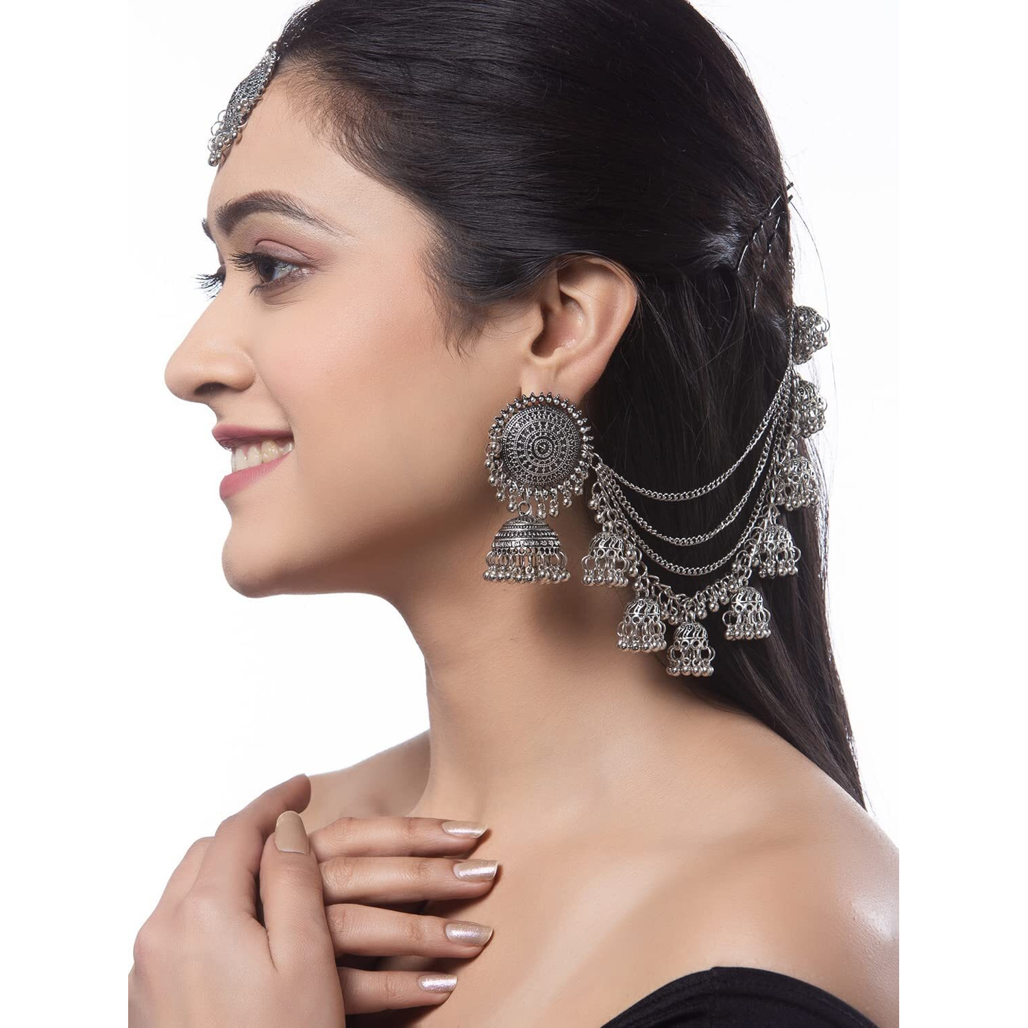 Shining Diva Fashion Latest Stylish Oxidised Maang Tikka Bahubali Jhumka Earrings for Women and Girls (12395er)