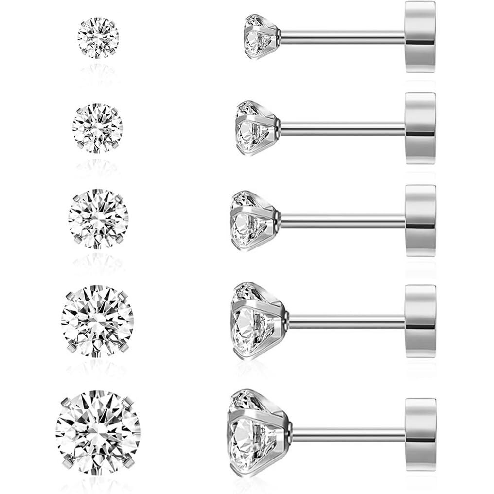 SANNIDHI 5 Pairs Earrings for Women Flat Back Cartilage Stud Earrings Cubic Zirconia 316L Stainless Steel Earrings Hypoallergenic Nickel-Free Earrings - 3/4/5/6/8mm, Silver