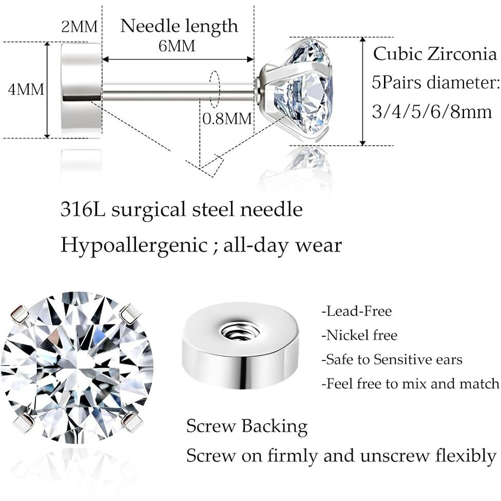 SANNIDHI 5 Pairs Earrings for Women Flat Back Cartilage Stud Earrings Cubic Zirconia 316L Stainless Steel Earrings Hypoallergenic Nickel-Free Earrings - 3/4/5/6/8mm, Silver