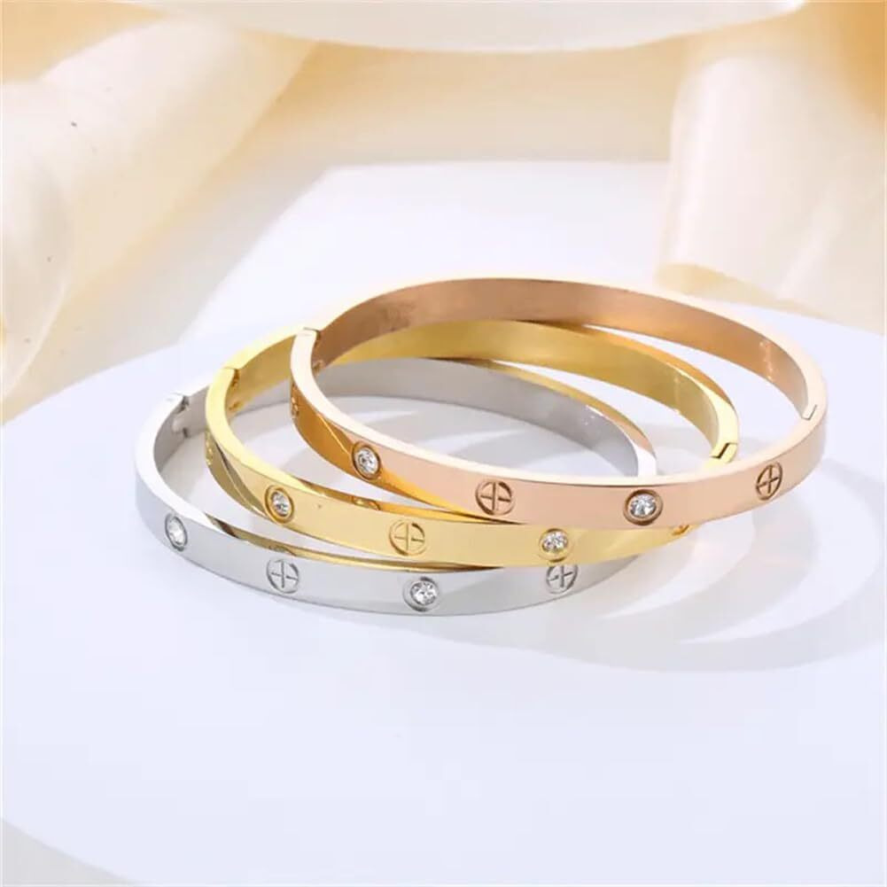 Shining Diva Fashion 18K Gold Plated Stainless Steel Openable Crystal Bracelet | Cuff Bangle | Friendship Couple Wedding Gifts for Mother Sister Wife Girlfriend | Anti Tarnish Jewellery (C_Combo)