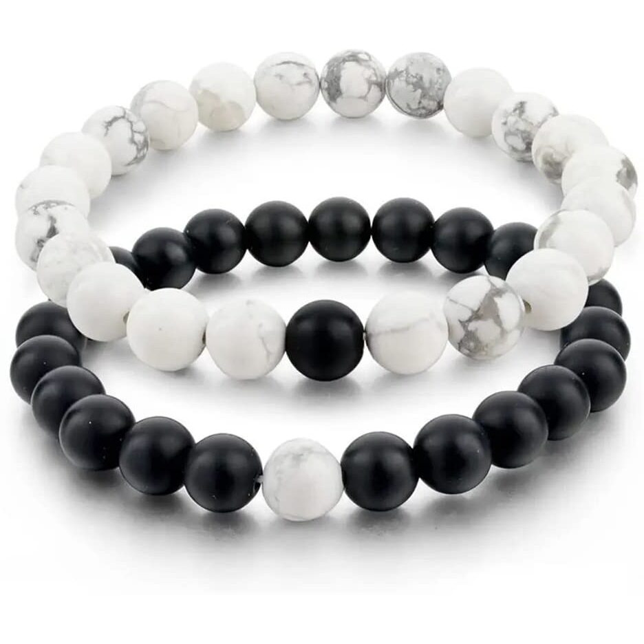 Shining Diva Fashion Distance Couple Natural Stones Reiki Yoga Healing Onyx and Howlite Unisex Bracelet for Men and Women (cmb283_9376b_9386b)