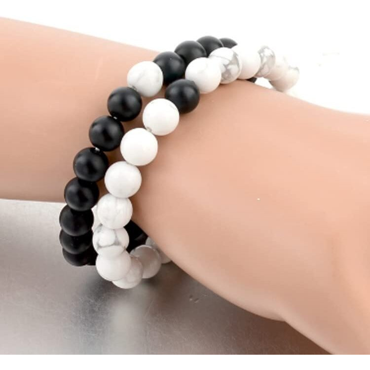 Shining Diva Fashion Distance Couple Natural Stones Reiki Yoga Healing Onyx and Howlite Unisex Bracelet for Men and Women (cmb283_9376b_9386b)