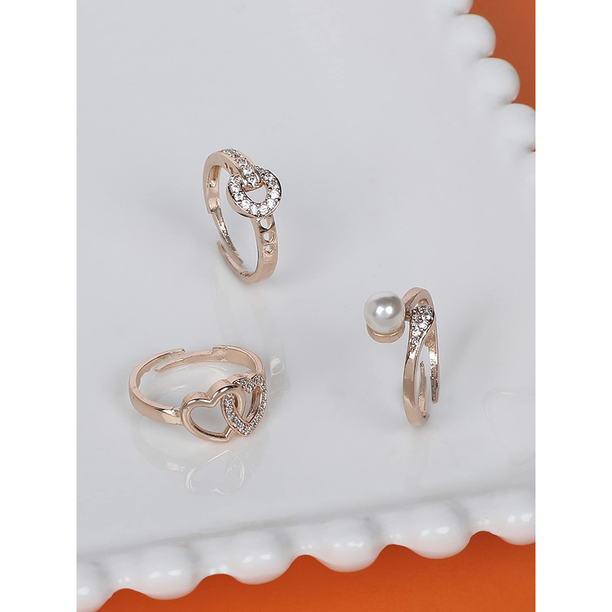 ZAVERI PEARLS Set of 3 Rose Gold Contemporary Cubic Zirconia Brass Adjustable Rings For Women-ZPFK11176