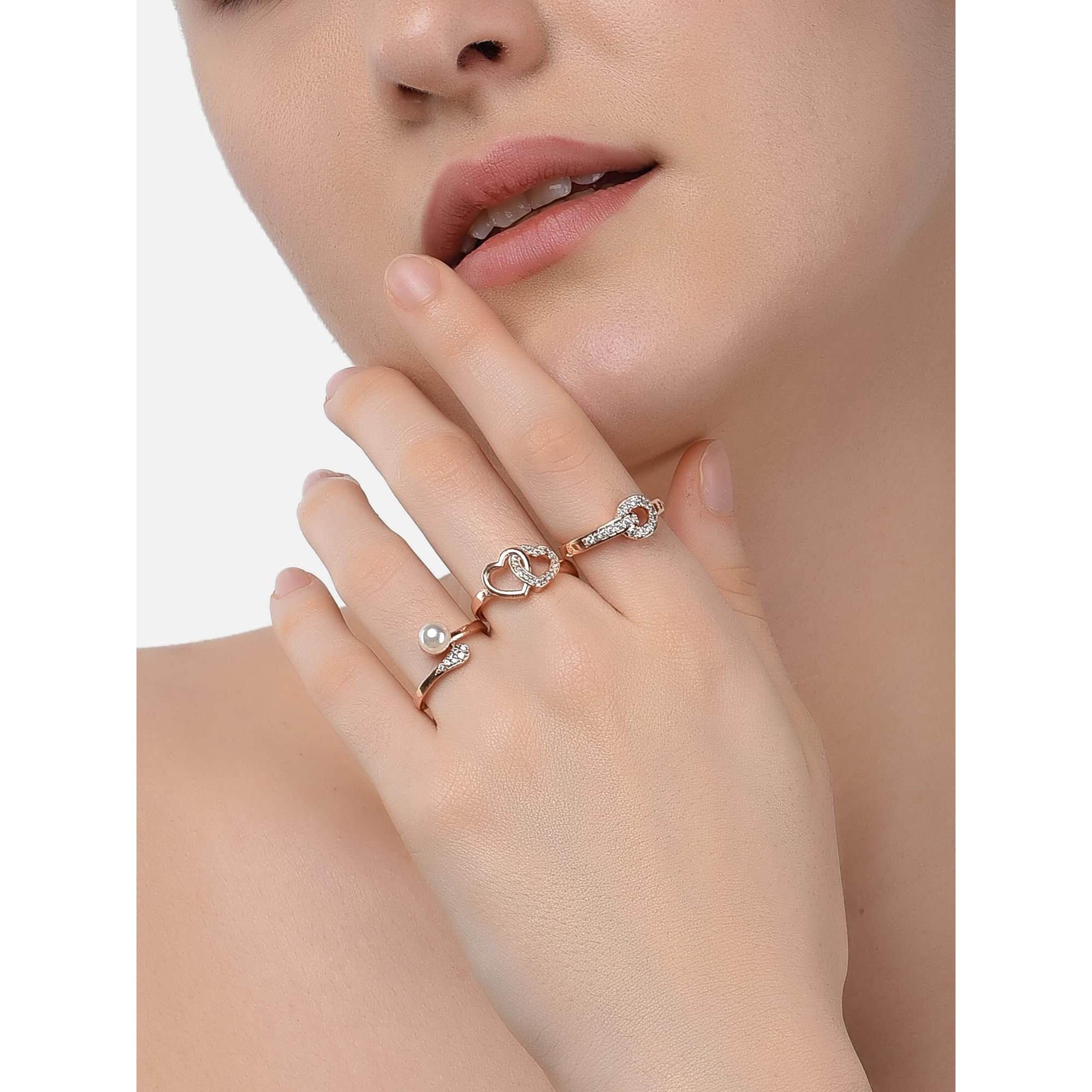 ZAVERI PEARLS Set of 3 Rose Gold Contemporary Cubic Zirconia Brass Adjustable Rings For Women-ZPFK11176