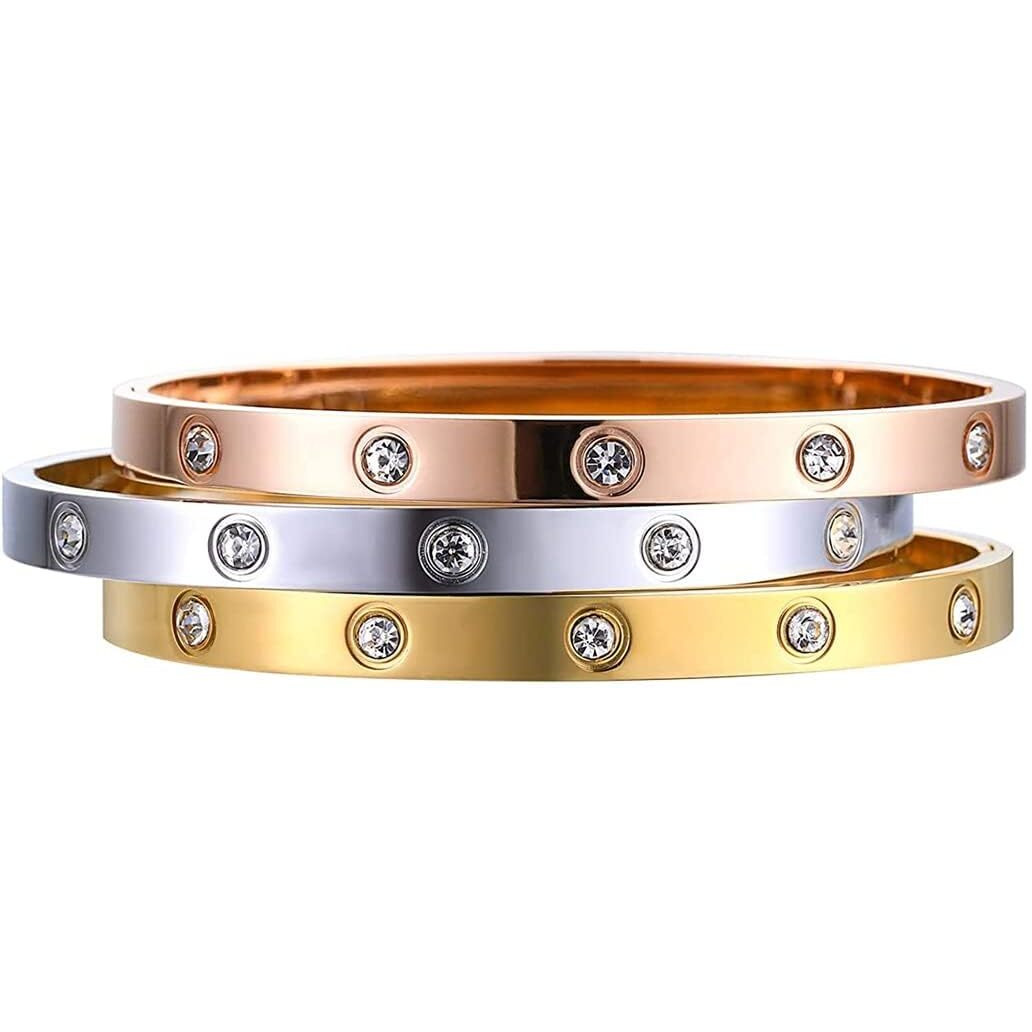 Shining Diva Fashion 18K Gold Plated Stainless Steel Openable Crystal Bracelet | Cuff Bangle | Friendship Couple Wedding Gifts for Mother Sister Wife Girlfriend | Anti Tarnish Jewellery (A_Combo)