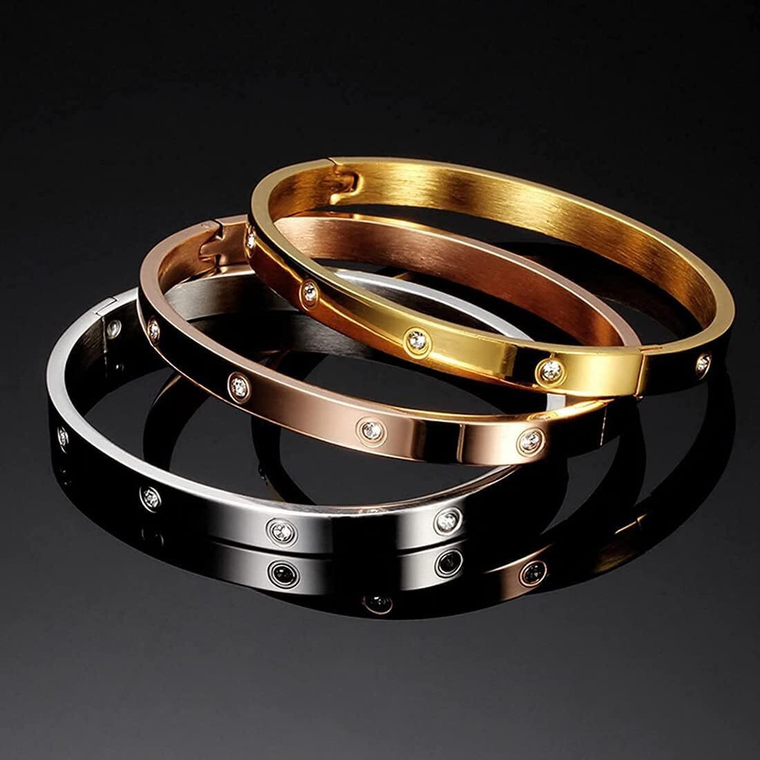 Shining Diva Fashion 18K Gold Plated Stainless Steel Openable Crystal Bracelet | Cuff Bangle | Friendship Couple Wedding Gifts for Mother Sister Wife Girlfriend | Anti Tarnish Jewellery (A_Combo)