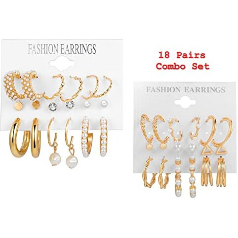 Shining Diva Fashion 18 Pairs Gold Plated Combo Set Latest Stylish Earrings for Women and Girls (Gold) (rrsdcmb297_12789_12906)