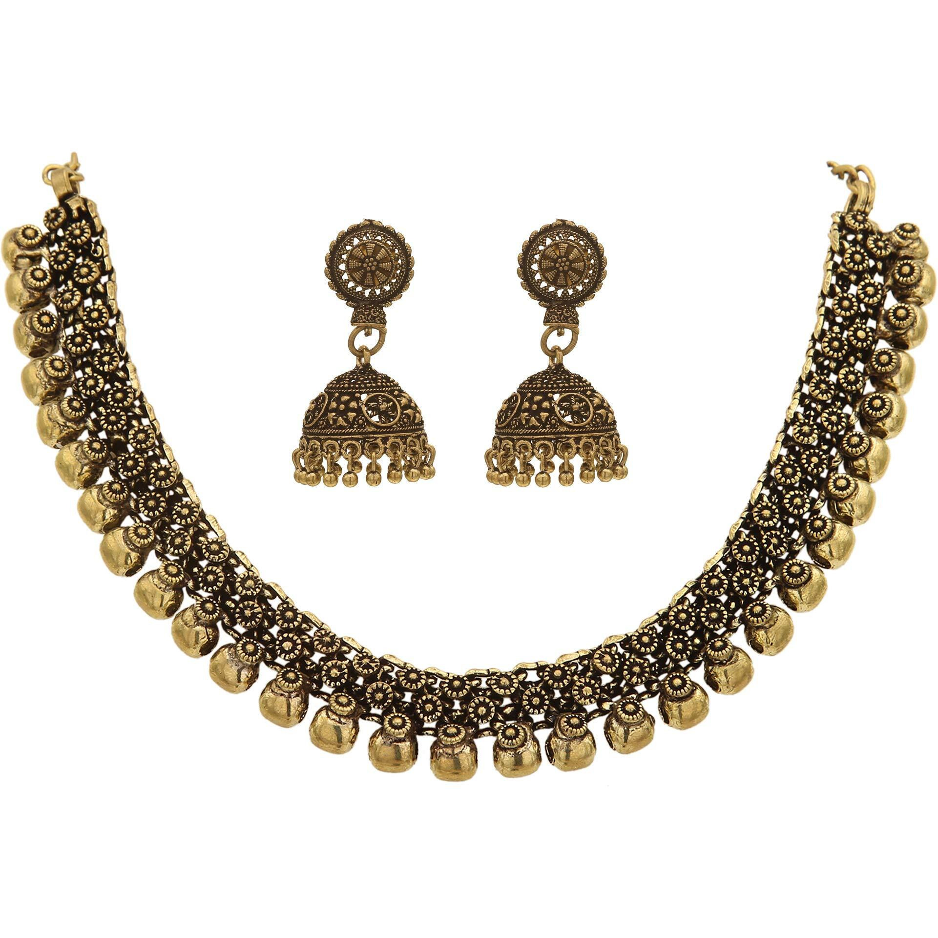 Sasitrends Golden Brass Alloy German Silver Antique Gold Necklace with Jhumki for Women (Gold)