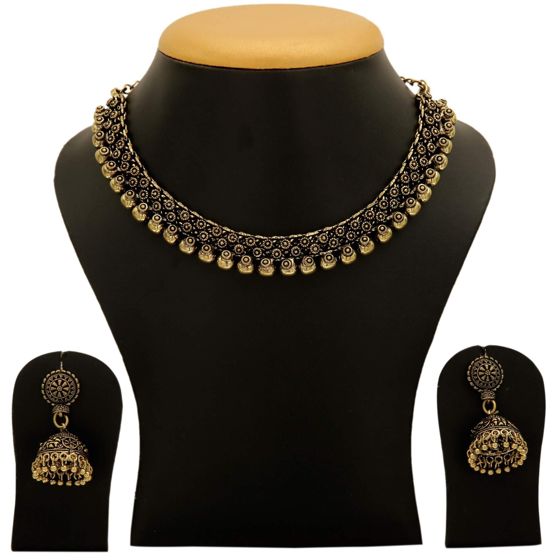 Sasitrends Golden Brass Alloy German Silver Antique Gold Necklace with Jhumki for Women (Gold)