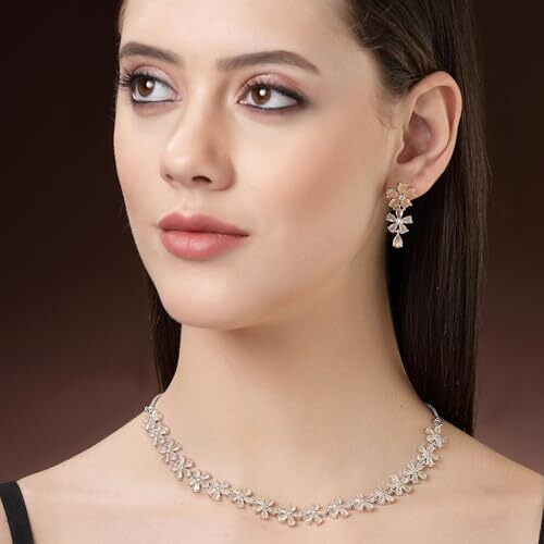 ZENEME Rhodium Plated Silver Toned White American Diamond Studded Flower Shaped Jewellery Set For Girls and Women (Amber)
