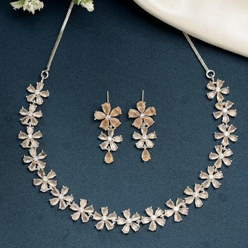 ZENEME Rhodium Plated Silver Toned White American Diamond Studded Flower Shaped Jewellery Set For Girls and Women (Amber)